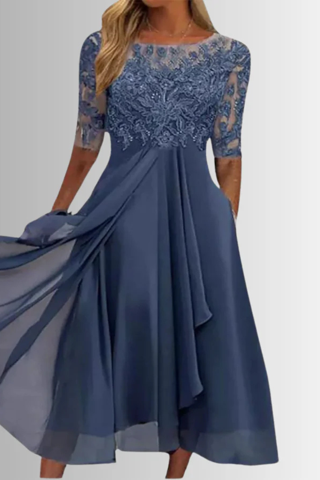 Sophisticated women's half sleeve midi dress, perfect formal wear for wedding guests and events.