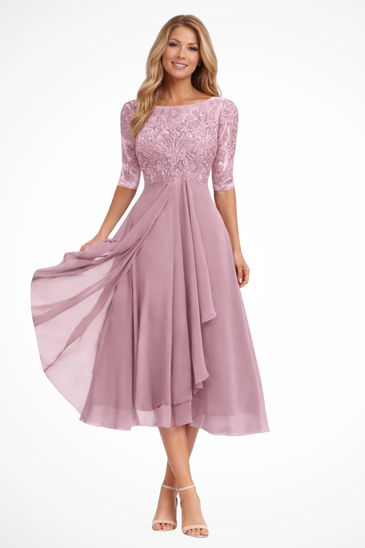 Stylish women's midi dress with half sleeves, designed for wedding guests and special occasions.