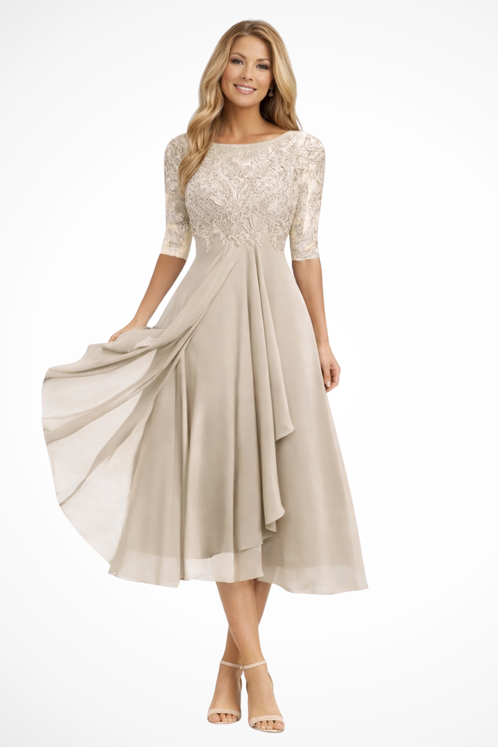 Chic women's half sleeve midi dress, an elegant option for wedding guests and cocktail events.