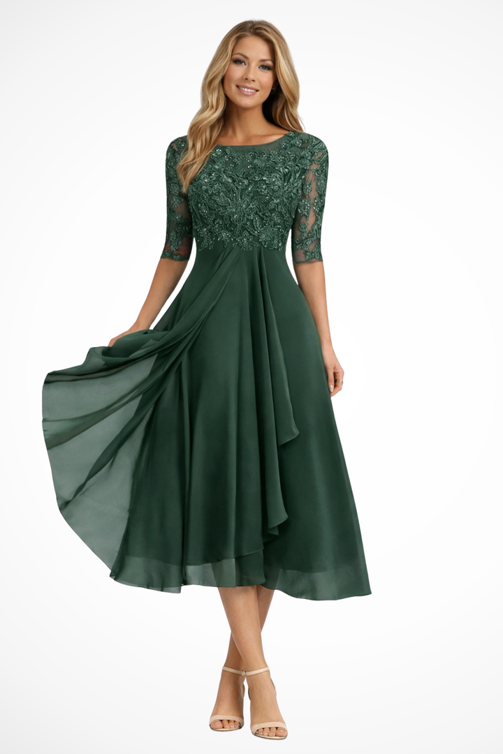 Modest half sleeve midi dress, an elegant and comfortable choice for women attending weddings.
