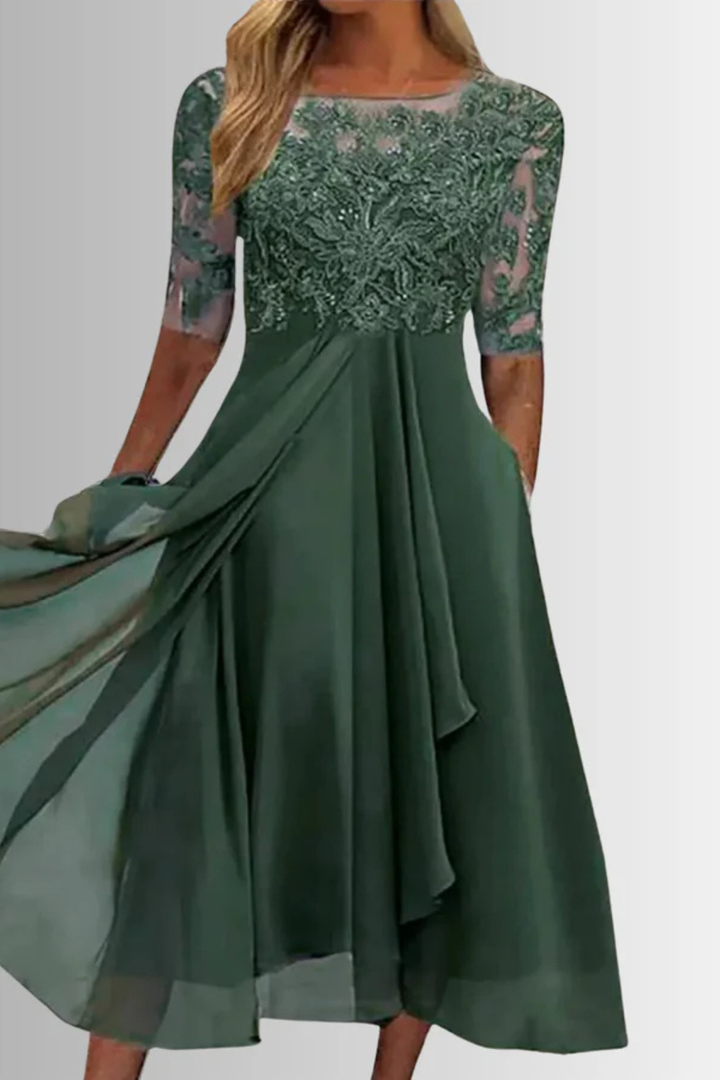Luxurious half sleeve midi dress for women, a refined look for wedding guests and evening events.