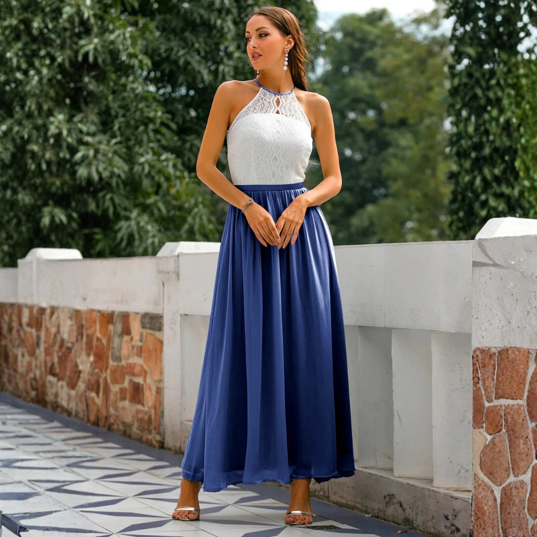 Sophisticated women's elegant halter neck maxi dress, a stunning choice for formal parties & evening events.