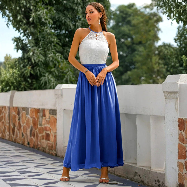 Flattering halter neck maxi dress for women, an elegant long gown perfect for formal wedding guests or evening wear.