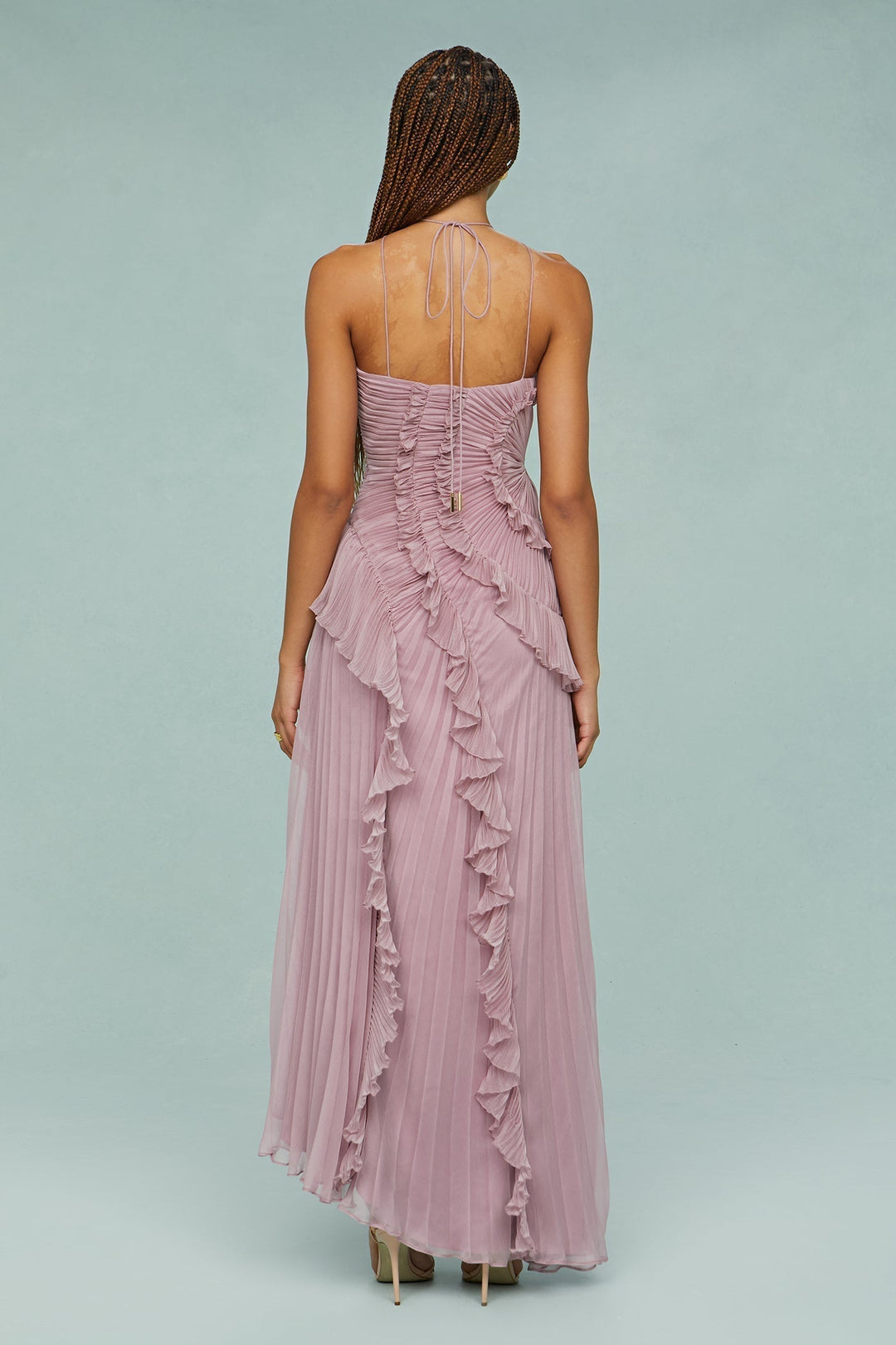 Stunning women's pleated halterneck maxi dress, designed for elegance at formal parties & weddings.