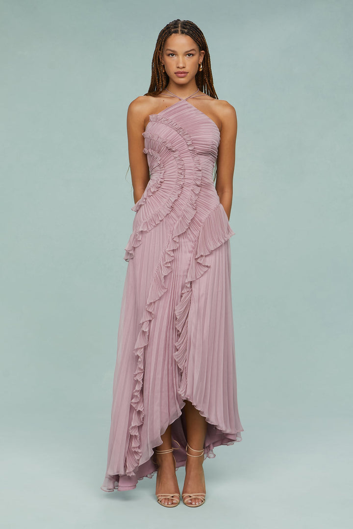 Graceful lila pleated maxi dress for women with a chic halterneck, suitable for formal events.