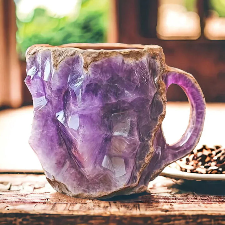 Elegant handmade natural stone mug with unique crystal design, perfect for coffee, tea & home decor.
