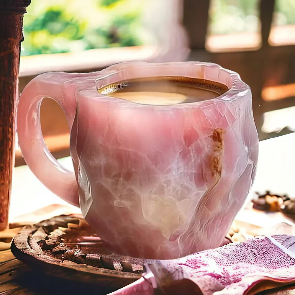 Beautiful handmade stone mug featuring an enchanting crystal design for a luxurious coffee or tea experience.