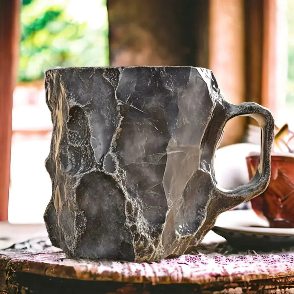 Detailed shot of a handcrafted stone mug with a unique crystal pattern, serving as an elegant tea cup.