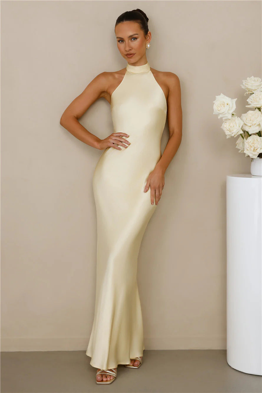 Satin formal dress with a flattering figure-hugging cut and a classic high collar.