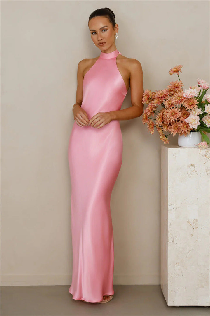 A beautiful satin maxi dress with a high collar, designed for formal occasions.
