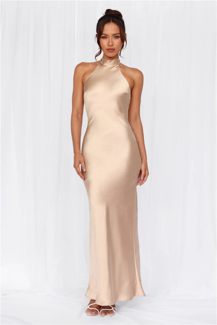 Elegant women's satin maxi dress, perfect for formal parties and special events.