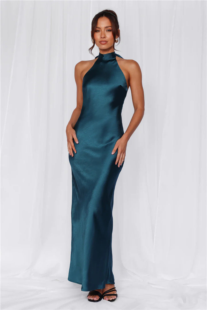 High collar satin dress, floor-length and figure-hugging for a glamorous look.