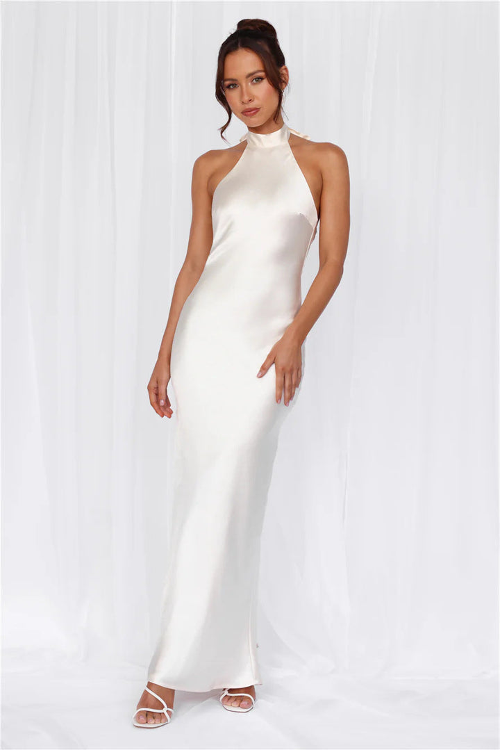 Sophisticated party dress: women's satin maxi with an elegant high collar.