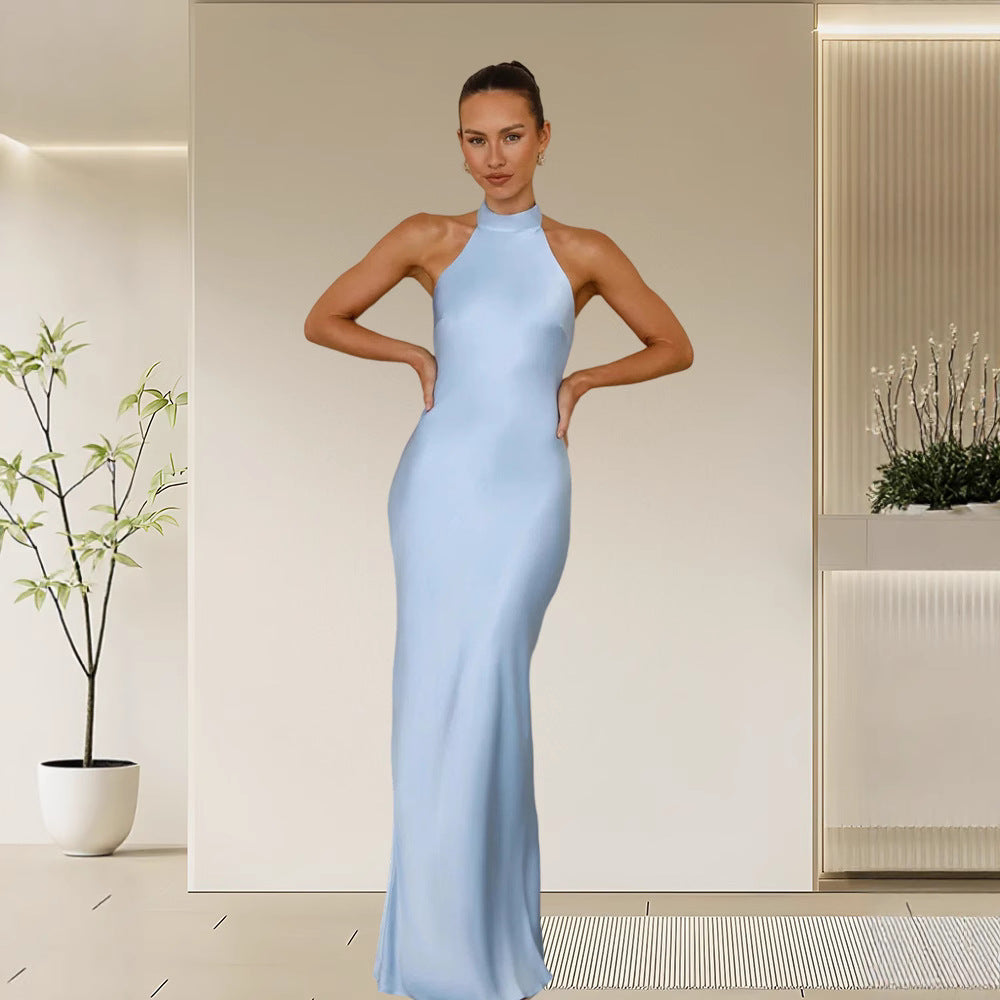 Women's luxurious satin maxi dress with a sophisticated high collar, perfect for parties.