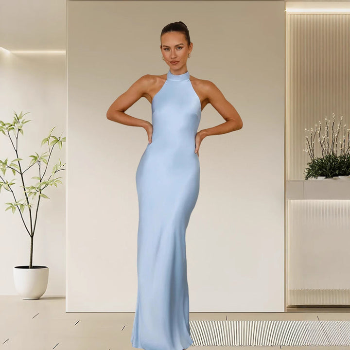 Women's luxurious satin maxi dress with a sophisticated high collar, perfect for parties.