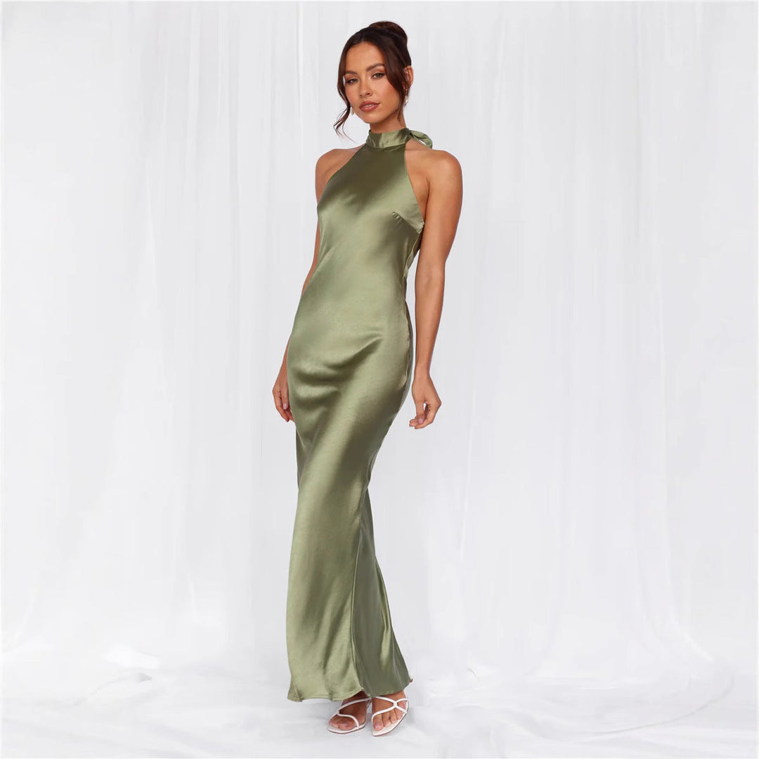 Chic figure-hugging satin maxi dress, ideal for formal events and special occasions.