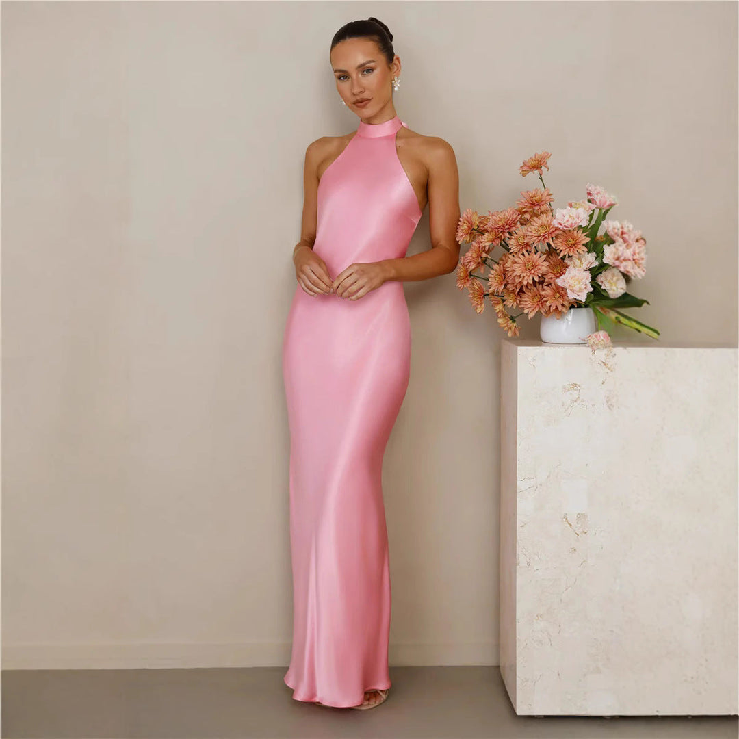 Floor-length elegant satin dress with a high neckline, a stunning evening gown.