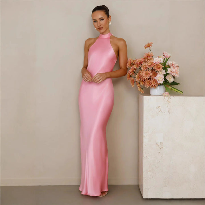 Floor-length elegant satin dress with a high neckline, a stunning evening gown.