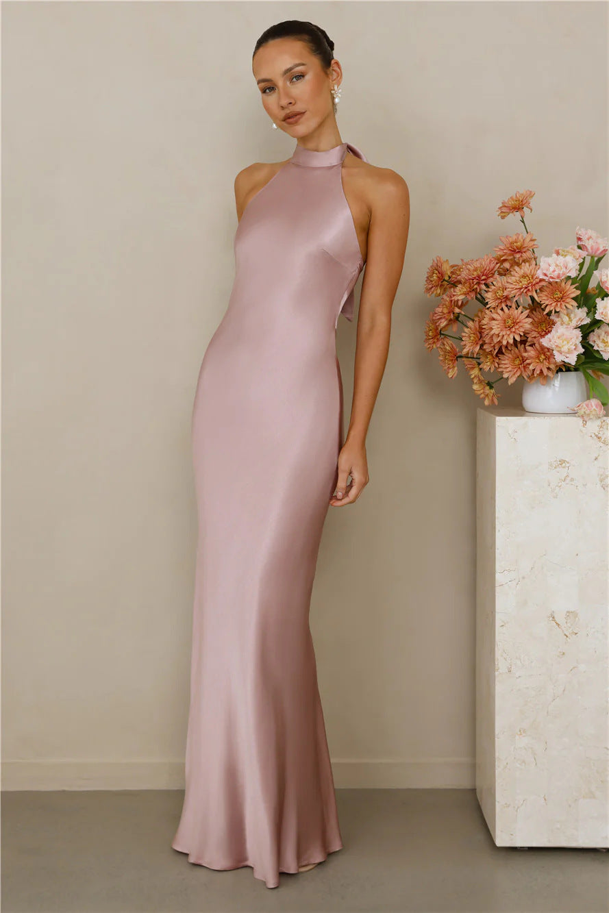 Figure-hugging satin party dress with a sophisticated high collar design.