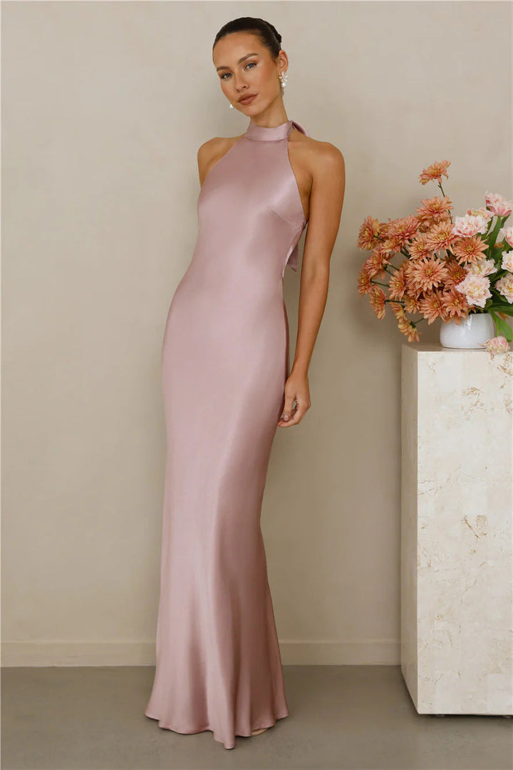 Figure-hugging satin party dress with a sophisticated high collar design.