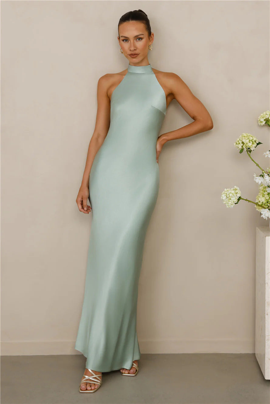 Stylish formal satin dress with a high collar, perfect for elegant evening events.