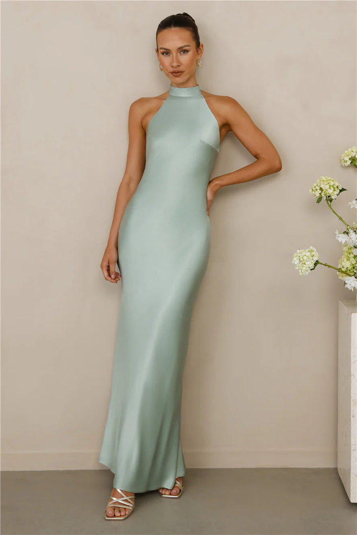 Stylish formal satin dress with a high collar, perfect for elegant evening events.