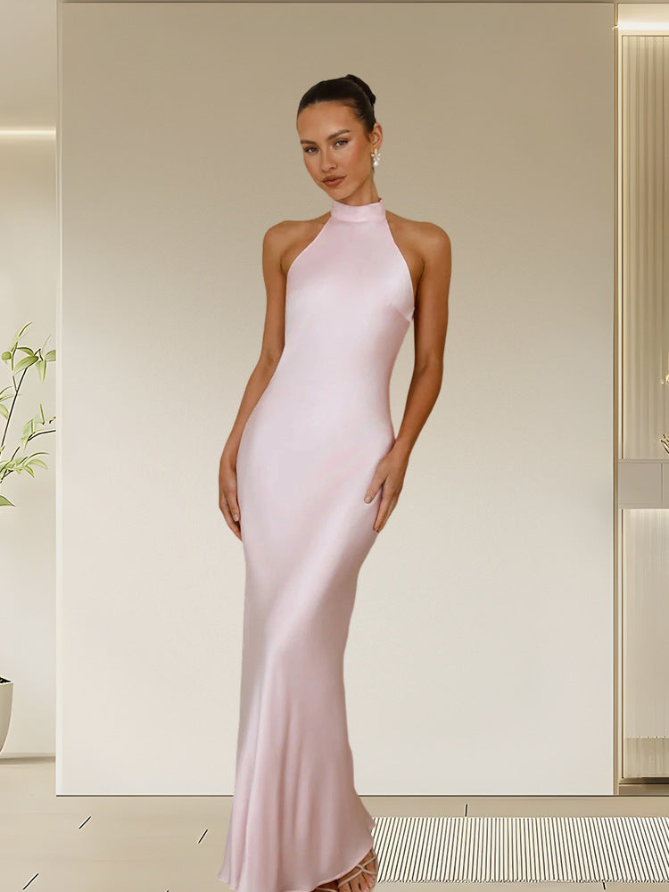 Women's special occasion dress: a figure-hugging satin maxi with high neck.
