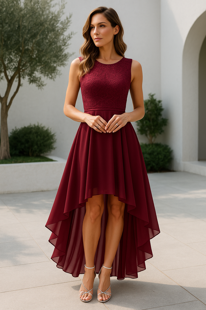 Elegant high-low wedding guest dress for women, perfect for formal occasions & sophisticated celebrations.
