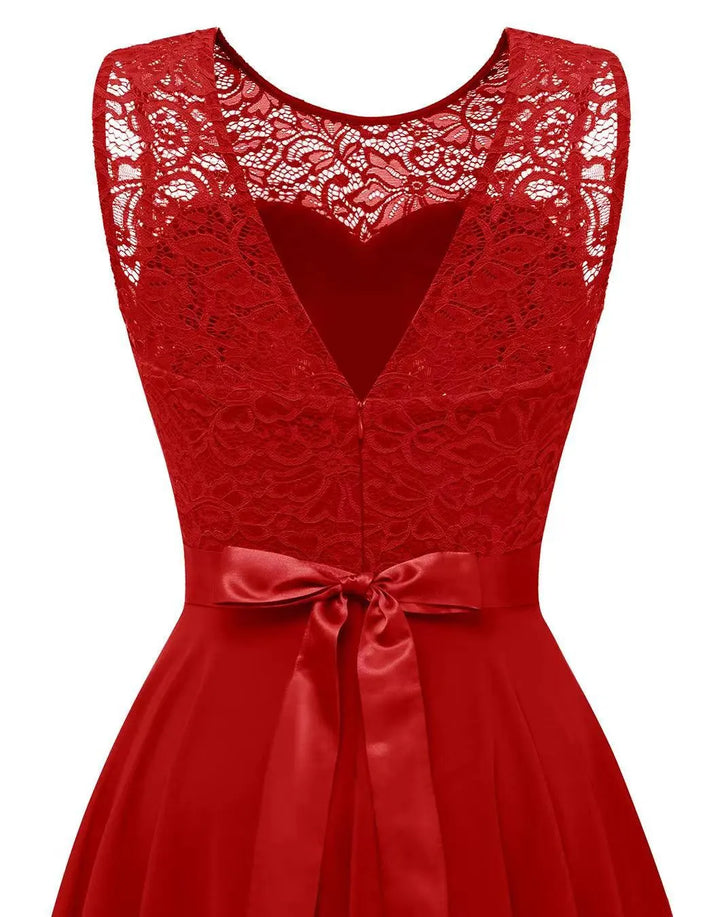 Elegant high-low wedding guest dress, a sophisticated sleeveless formal gown for women's special events.