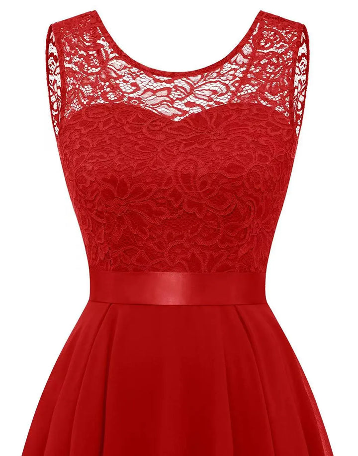 Sleeveless high-low formal dress for women, an elegant evening gown perfect for wedding guests & parties.