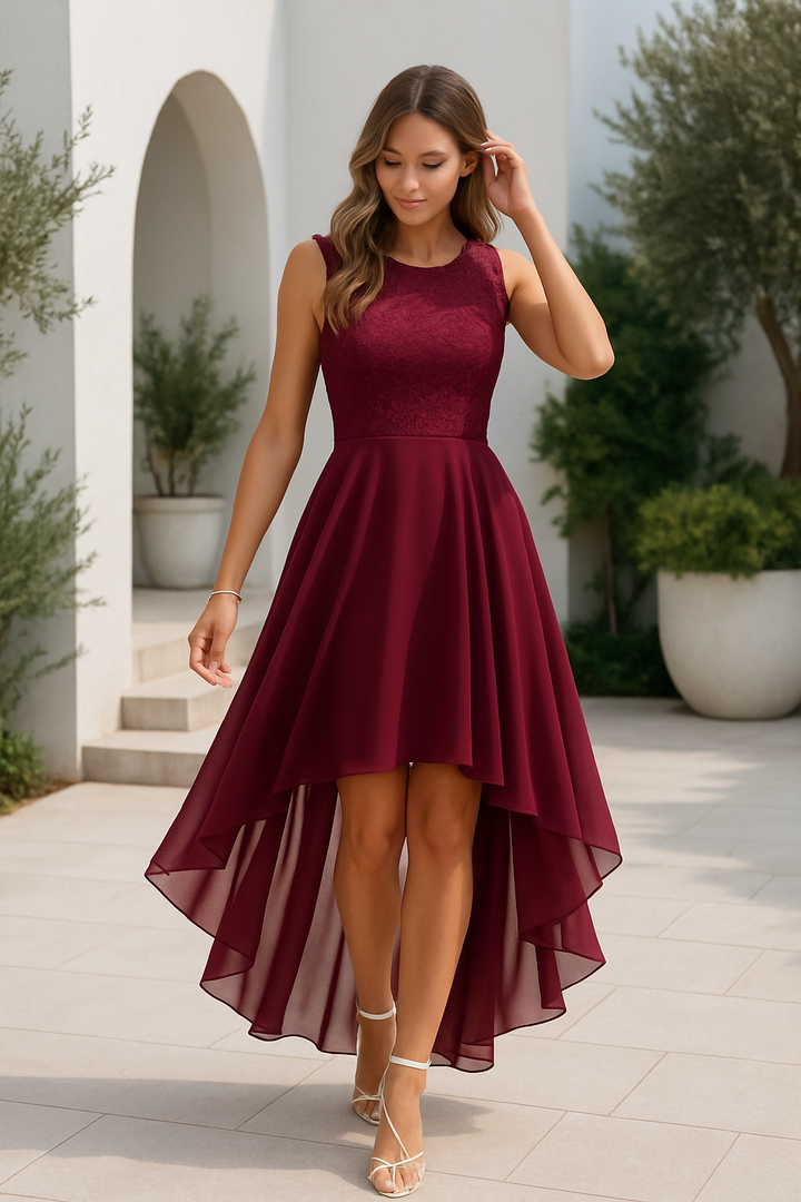 Sophisticated sleeveless high-low gown for women, ideal for evening parties, weddings & special events.