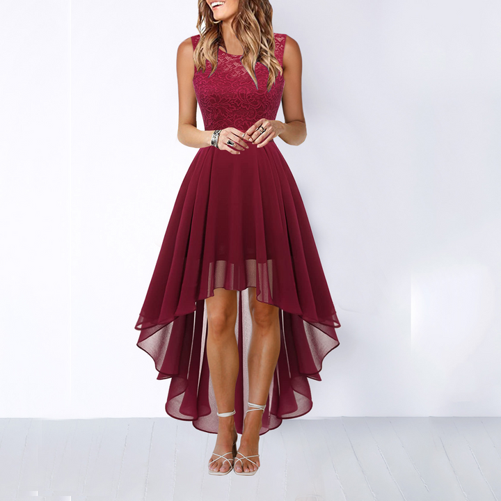 Stunning women's wedding guest high-low dress, an elegant formal gown for memorable special occasions.