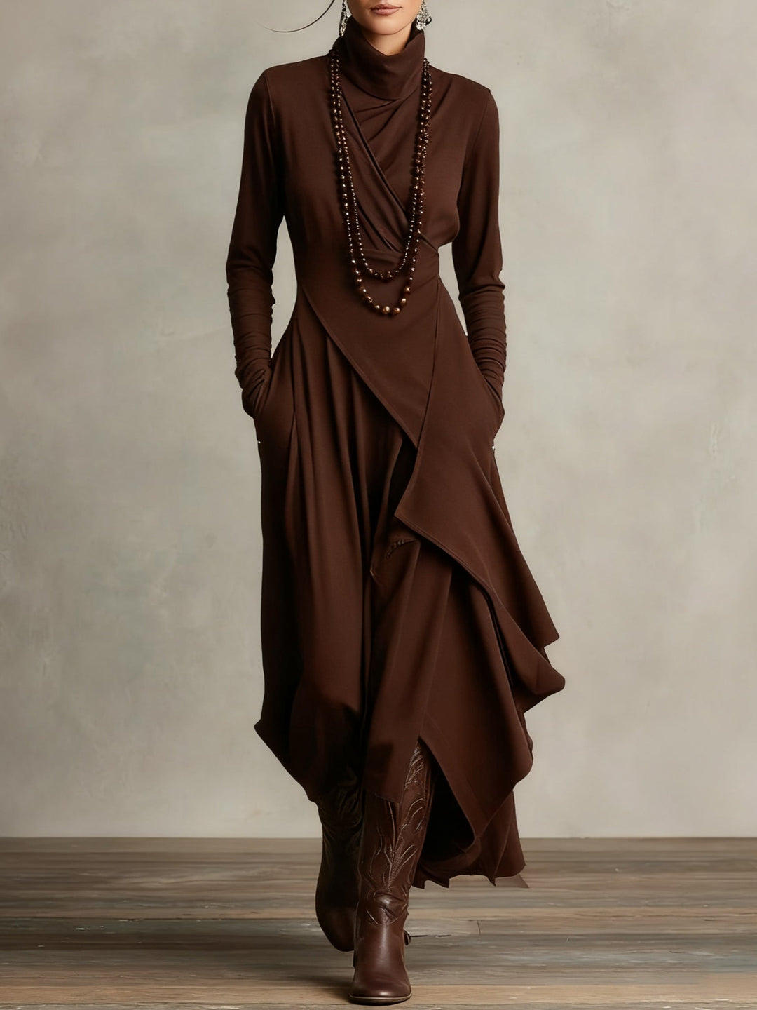 Graceful green high neck maxi dress for women. Flowing, elegant design makes this a beautiful long evening dress.