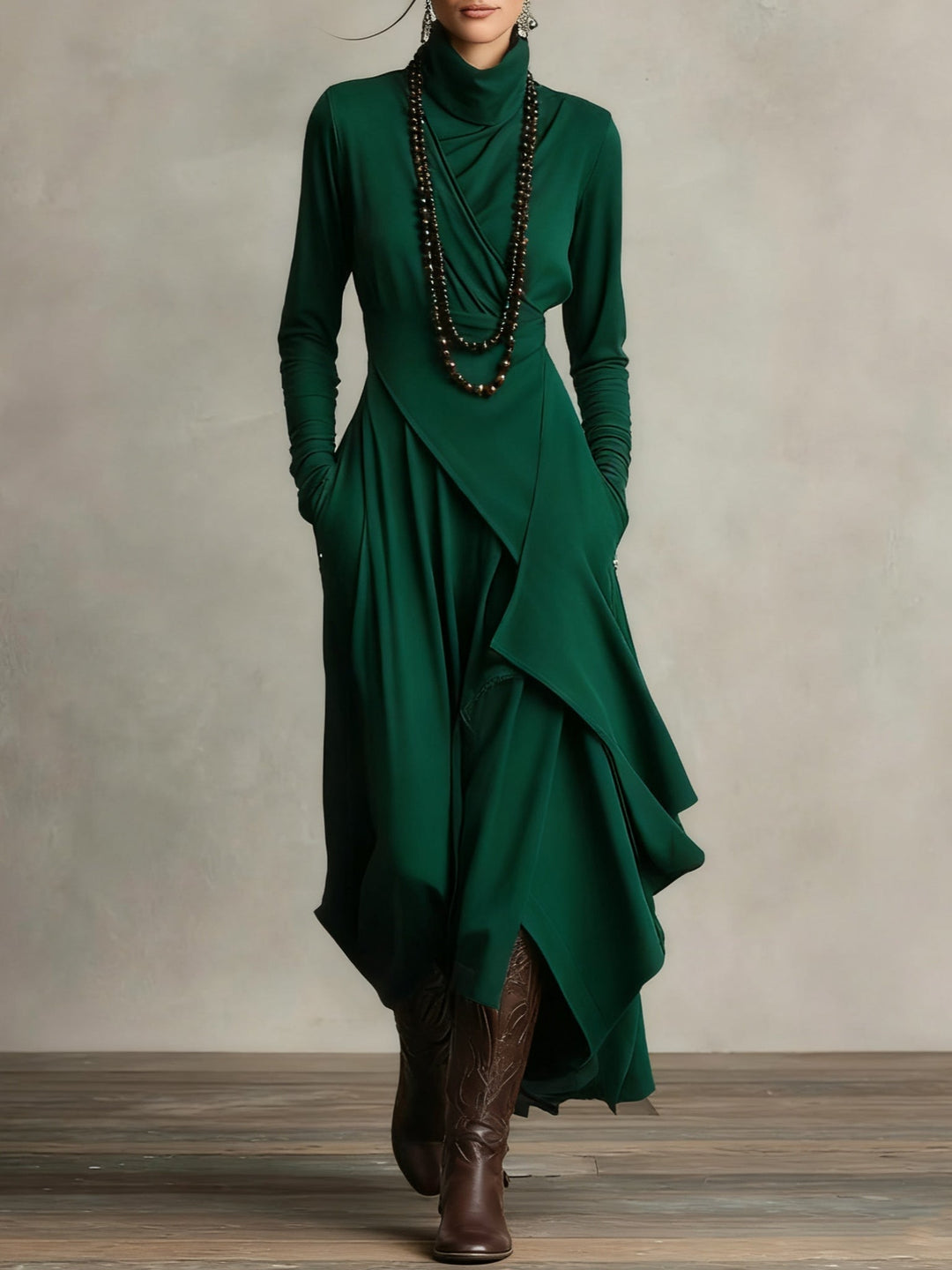 Women's high neck flowing maxi dress. An elegant long dress, versatile for casual or evening wear.