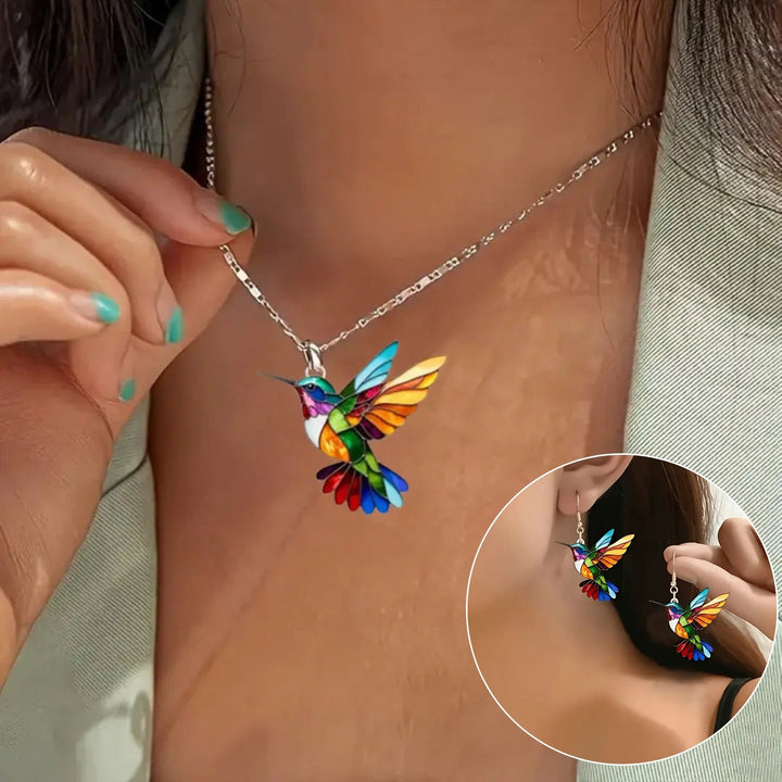 Silver hummingbird necklace and earring set, ideal gift for her.