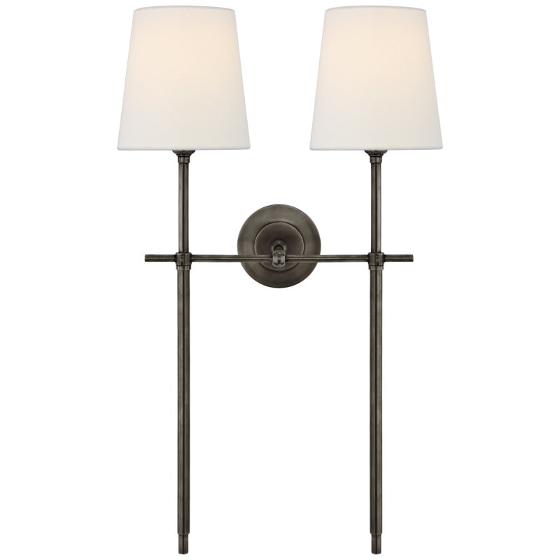 Functional hardwired wall lamp with an elegant fabric shade for soft, even room illumination.
