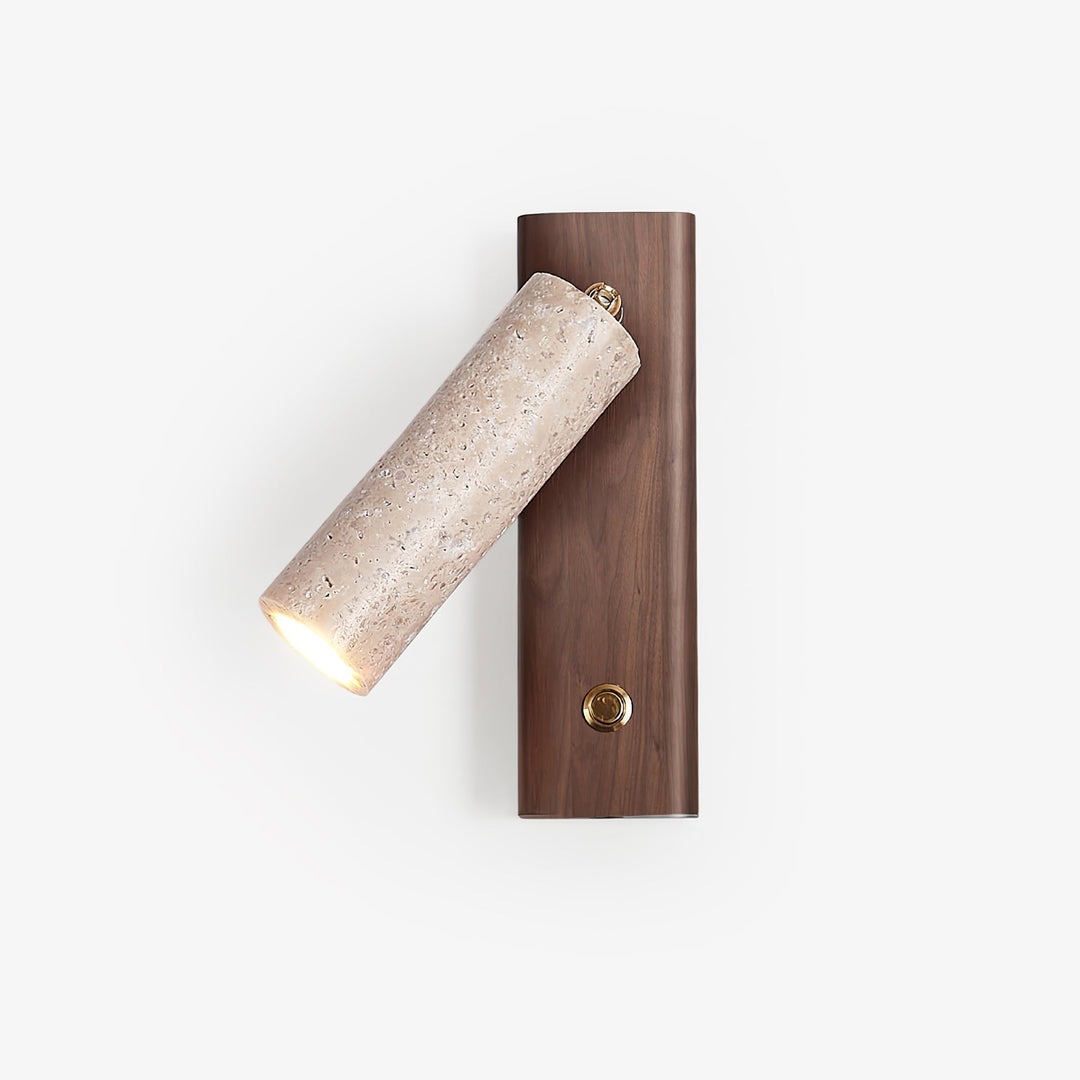 Elegant indoor wall light with natural travertine & wood, modern LED accent lamp.