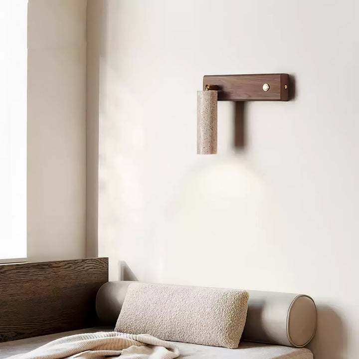 Stylish wall lamp with natural travertine and wood, ideal for modern interiors.