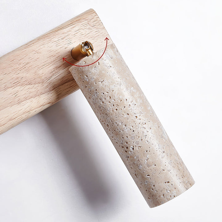 Architectural indoor wall lamp, natural travertine & wood, for modern living spaces.