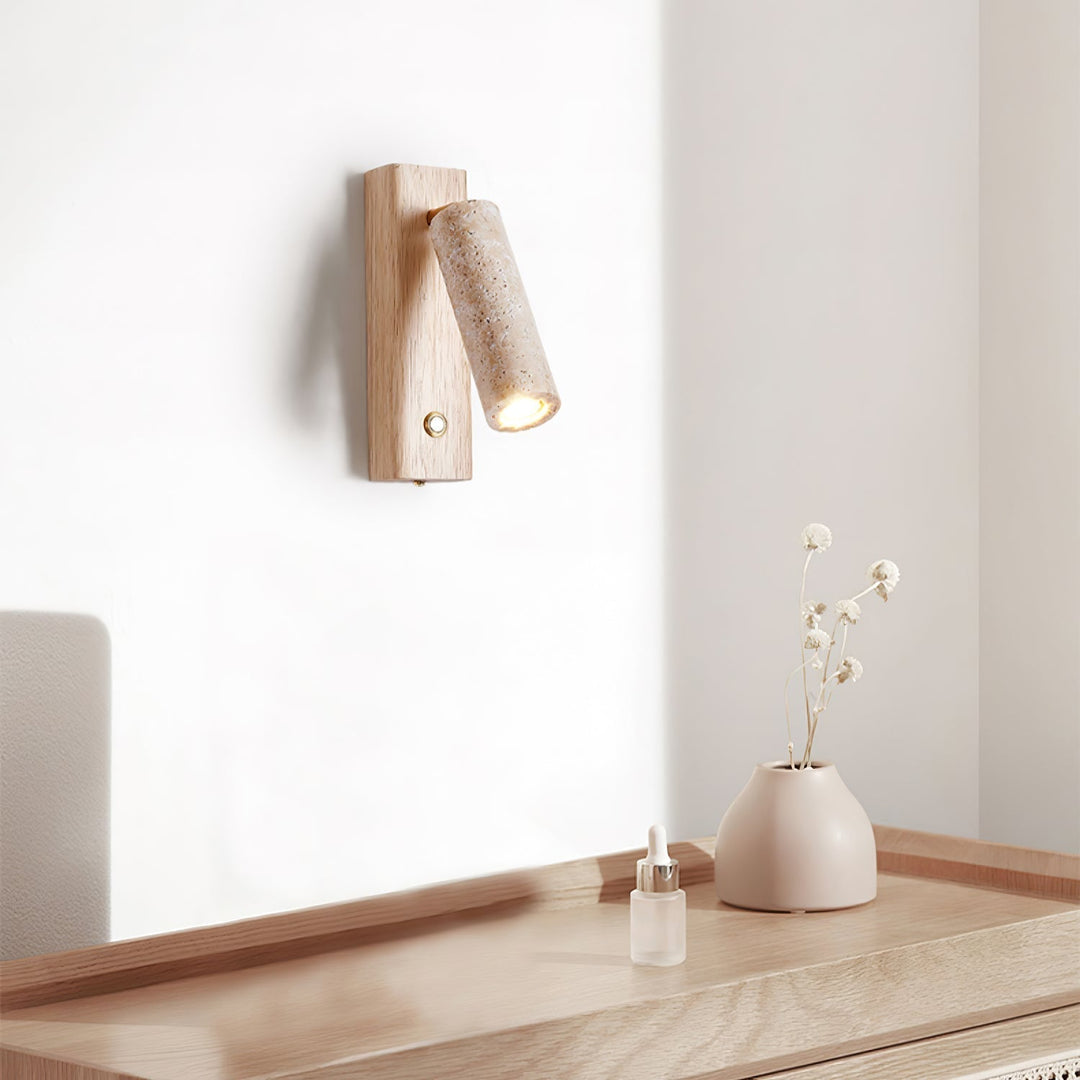 Contemporary LED wall lamp, natural travertine and wood, beautiful accent light.