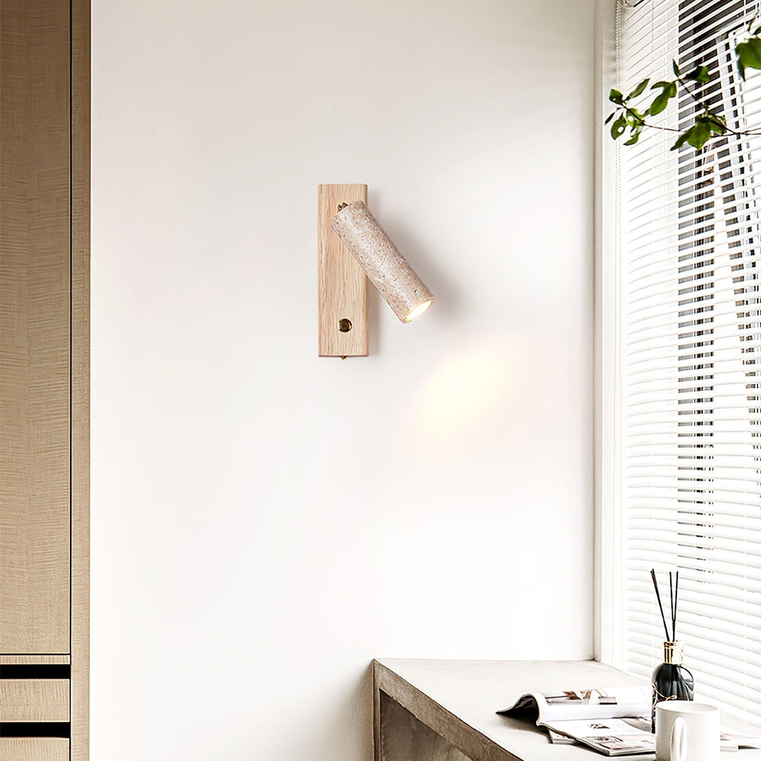 Indoor wall light with real travertine & wood, bringing nature to modern decor.