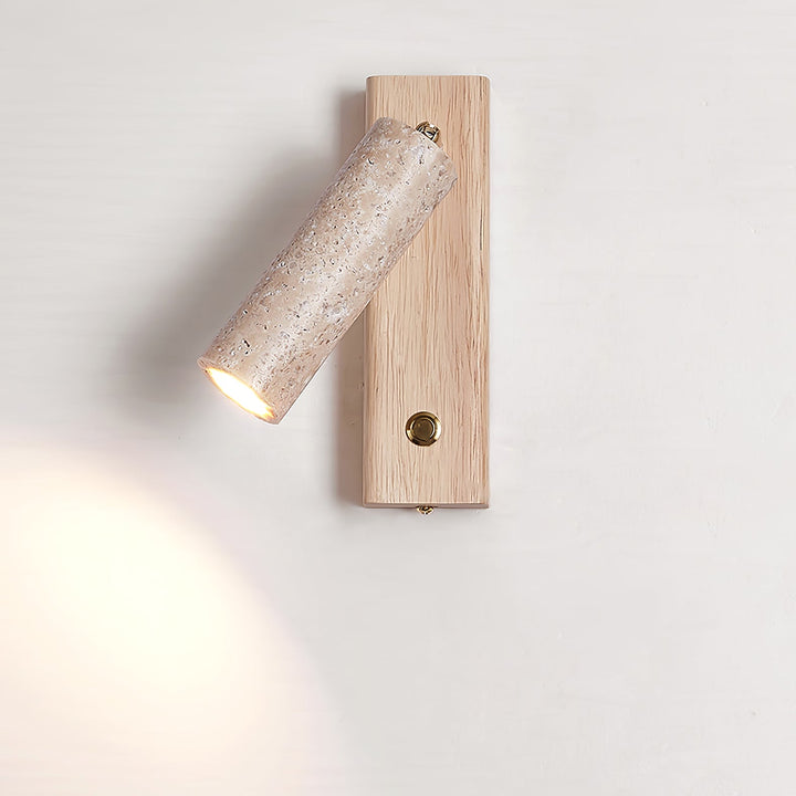 Modern LED wall lamp, natural travertine & wood, warm glow for contemporary home decor.