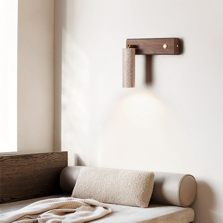 Contemporary wall lamp, natural travertine & wood, perfect modern lighting.