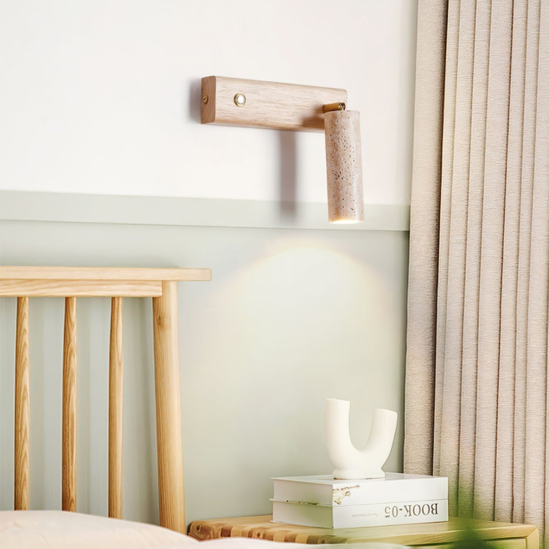 Warm LED wall lamp combining natural travertine and rich wood for home ambiance.