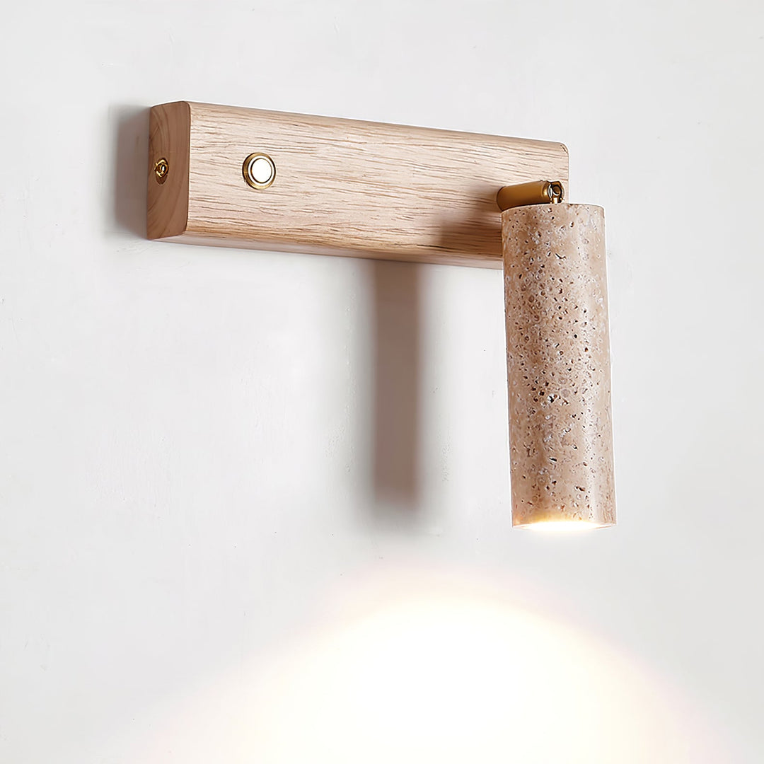 Designer indoor wall light, natural travertine and wood, sophisticated accent.
