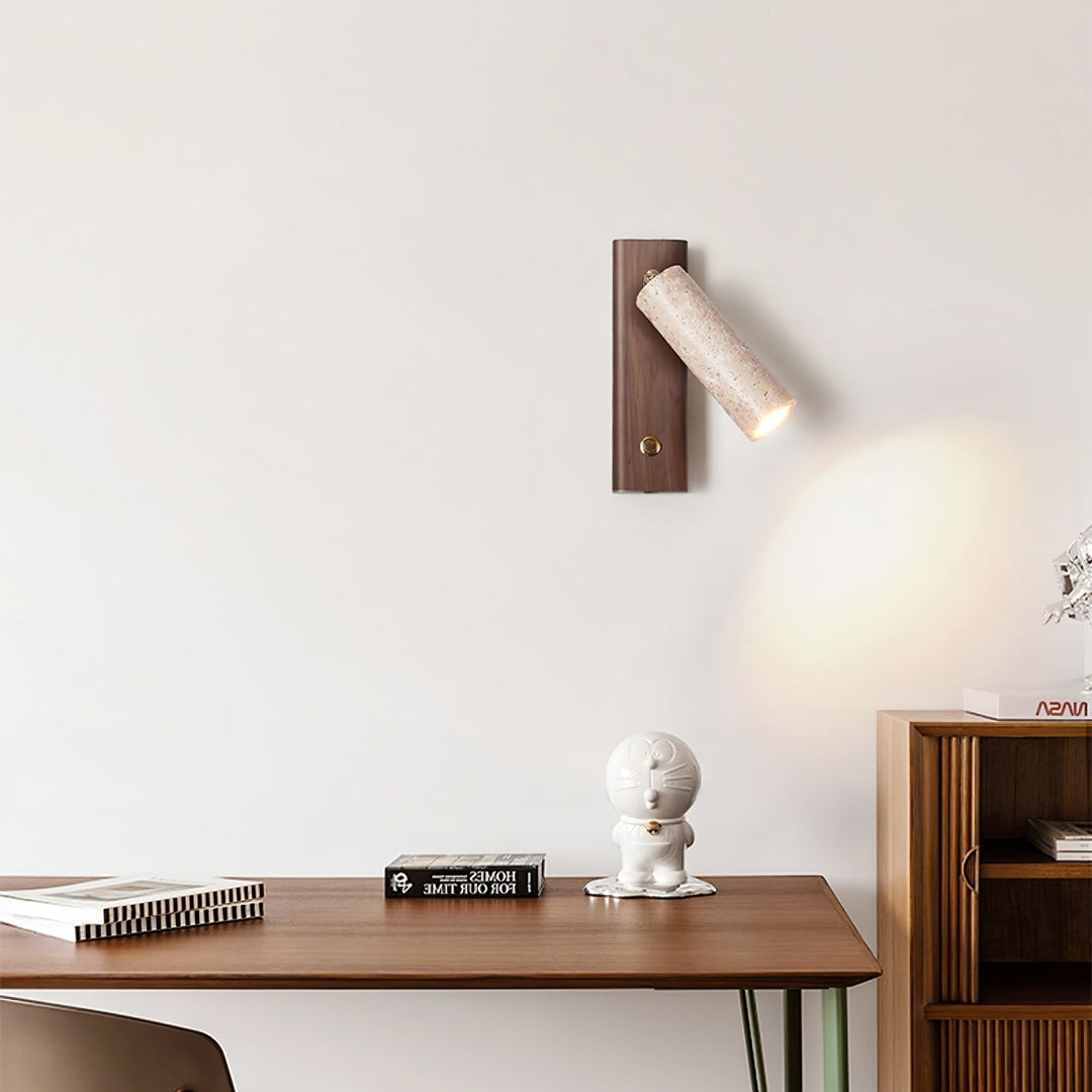 Travertine and wood wall lamp, creating warm, inviting modern accent lighting.