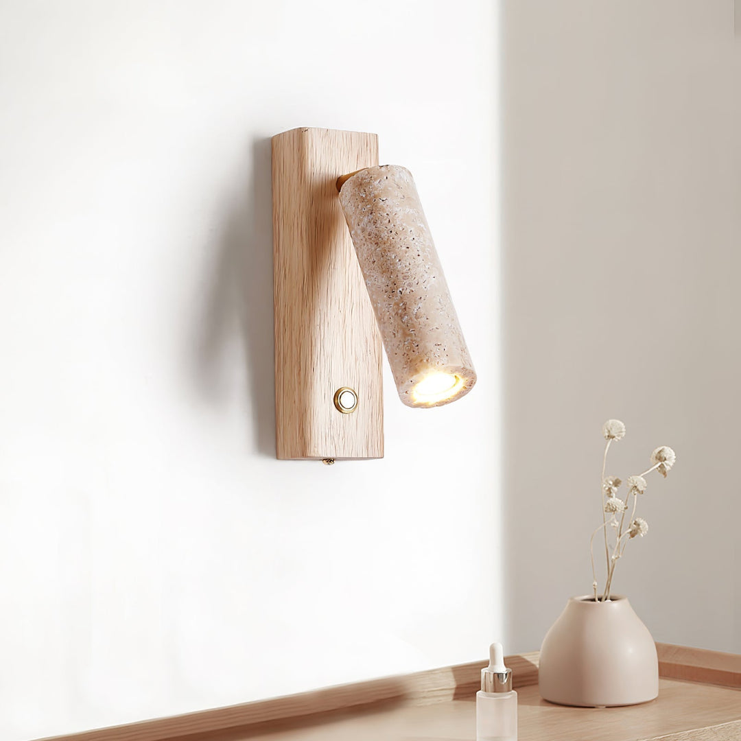 Home decor: Indoor LED wall light with natural travertine and wood elements.