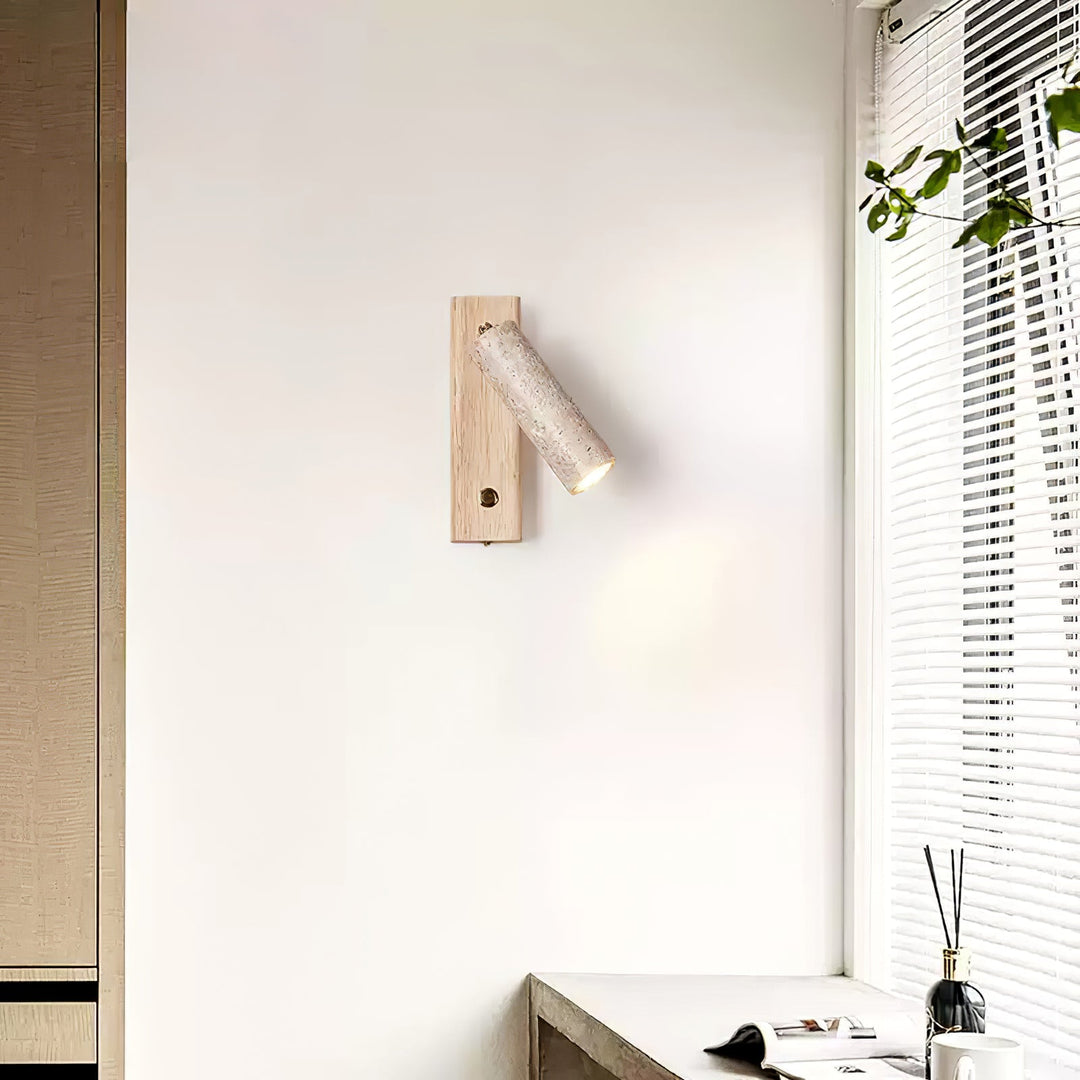 Elegant indoor wall light, natural travertine stone and wood, warm accent glow.