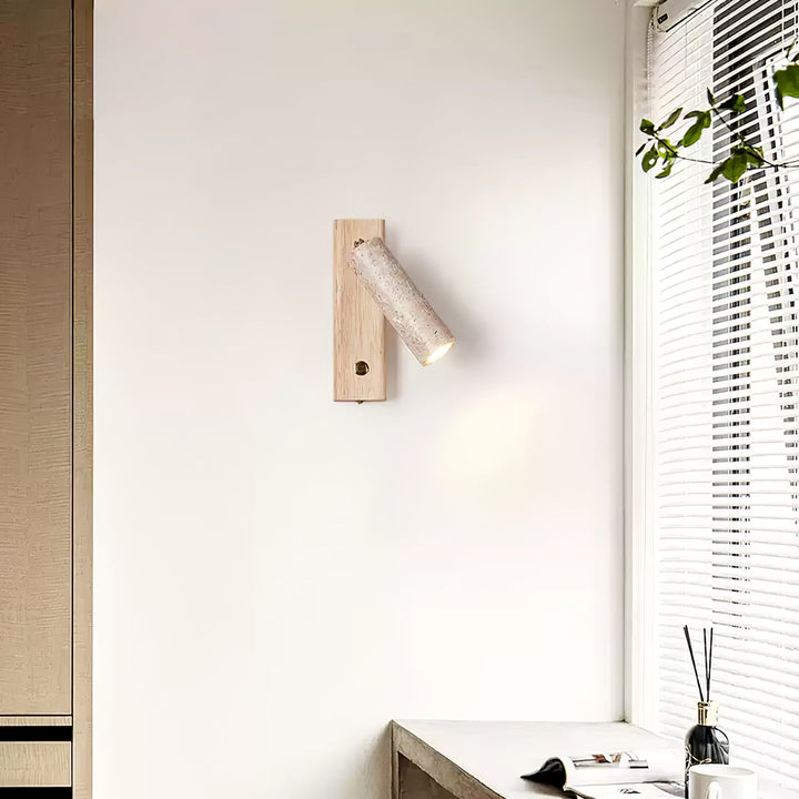 Elegant indoor wall light, natural travertine stone and wood, warm accent glow.