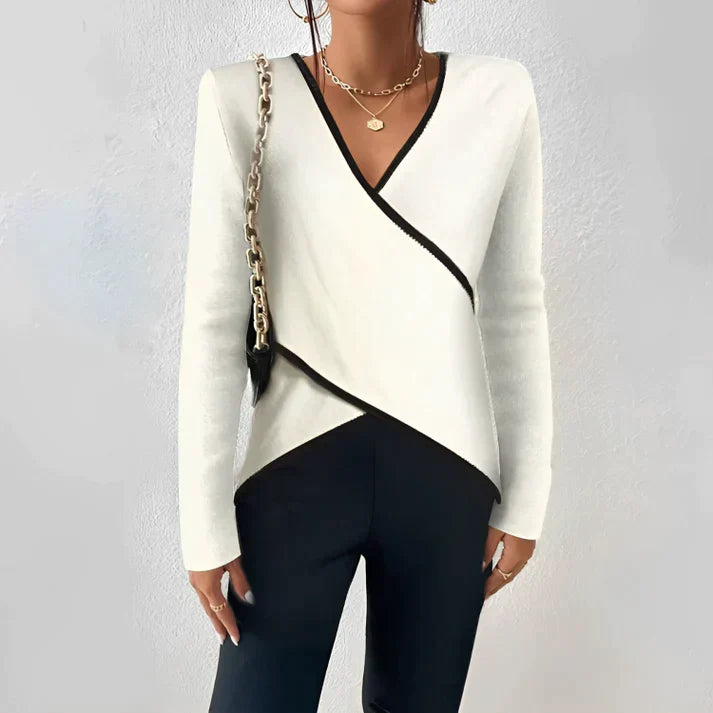 Elegant ivory knit V-neck long sleeve top for women, perfect for cozy layering.